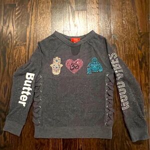 Butter soft dark grey sweatshirt- size 7- key hole- sparkle